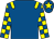 Royal blue, yellow epaulets, yellow and royal blue check sleeves, royal blue cap, yellow star