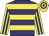 Purple, yellow hoops, yellow and purple striped sleeves, hooped cap