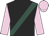 Black,mint green sash, pale pink sleeves and cap