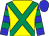 Yellow, emerald green cross sashes, blue sleeves, emerald green hoops, blue cap