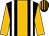 Black, broad old gold stripe, white braces, old gold sleeves, black and old gold striped cap