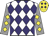 White body, purple diamonds, grey arms, yellow diamonds, yellow cap, purple diamonds