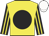 Yellow, black disc, black and yellow striped sleeves, white cap