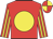 Red, yellow disc, striped sleeves, quartered cap