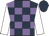 Dark blue and mauve check, white sleeves, dark blue cap