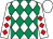 White & emerald green diamonds, white sleeves, red diamonds, white cap