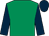 Emerald green, dark blue sleeves and cap