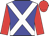 Blue, white crossed sashes, red sleeves and cap