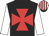 Black, red maltese cross, white sleeves, white and red striped cap, black peak