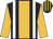 Black, broad old gold stripe, white braces, old gold sleeves, black and old gold striped cap