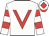White, red v bib, hooped sleeves, white cap, red diamond and peak