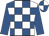 White, royal blue checked, royal blue sleeves, quartered cap