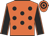 Orange body, black spots, black arms, orange seams, orange cap, black hooped