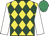 yellow, dark green diamonds, white sleeves, emerald green cap