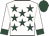 white, dark green stars, white sleeves, dark green cuffs, dark green cap