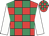 Red body, emerald green checked, white arms, red cap, emerald green checked