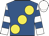 Royal blue, large yellow spots, white & royal blue hooped sleeves, white cap