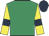 Emerald green, yellow sleeves, dark blue armlets, dark blue cap