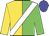 Gold and green halved, white sash, blue cap