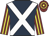 Dark blue, white cross belts, maroon and yellow striped sleeves, hooped cap