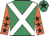Emerald green, white cross belts, orange sleeves, black stars, emerald green cap, black star