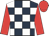 Dark blue and white check, red sleeves and cap