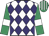 White & purple diamonds, emerald green sleeves, white armlet, emerald green & white striped cap