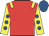 Red, yellow epaulettes, yellow sleeves, royal blue spots, royal blue cap