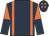 Dark blue, orange braces, halved sleeves, dark blue cap, orange spots