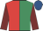 Emerald green & red halved, maroon sleeves, royal blue cap