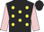 Black, yellow spots, pink sleeves, black cap