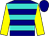 Navy blue and turquoise hoops, yellow sleeves, navy blue cap