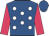 Royal blue, white spots, cerise sleeves, royal blue cap