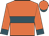 Orange, teal hoop and cuffs, orange sleeves and cap, teal peak