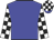 Blue, black and white checked sleeves, black and white checked cap, blue peak