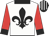 White, black fleur de lys, red sleeves, black collar and cuffs, black and white striped cap